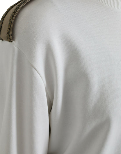 White Floral Cotton Crew Neck Pullover Sweater