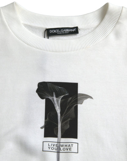 White Floral Cotton Crew Neck Pullover Sweater