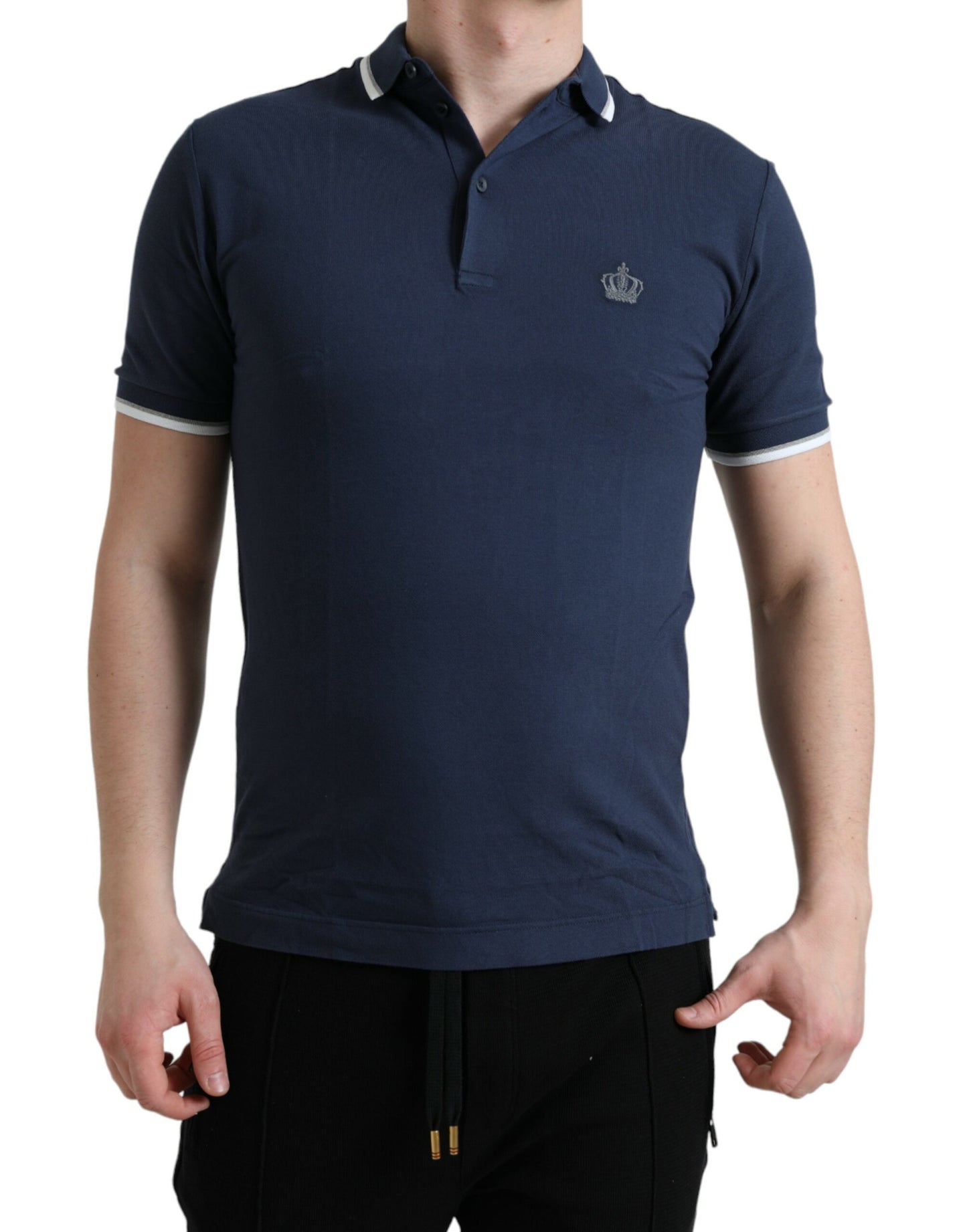 Blue Crown Patch Cotton Collared Men Polo T-shirt