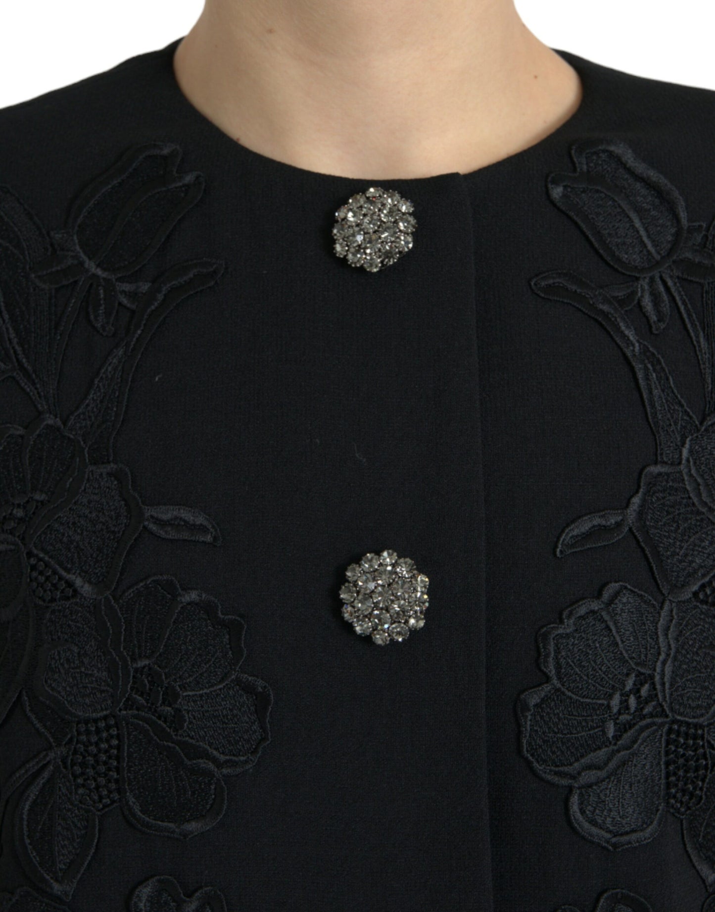 Black Floral Wool Button Embellished Jacket
