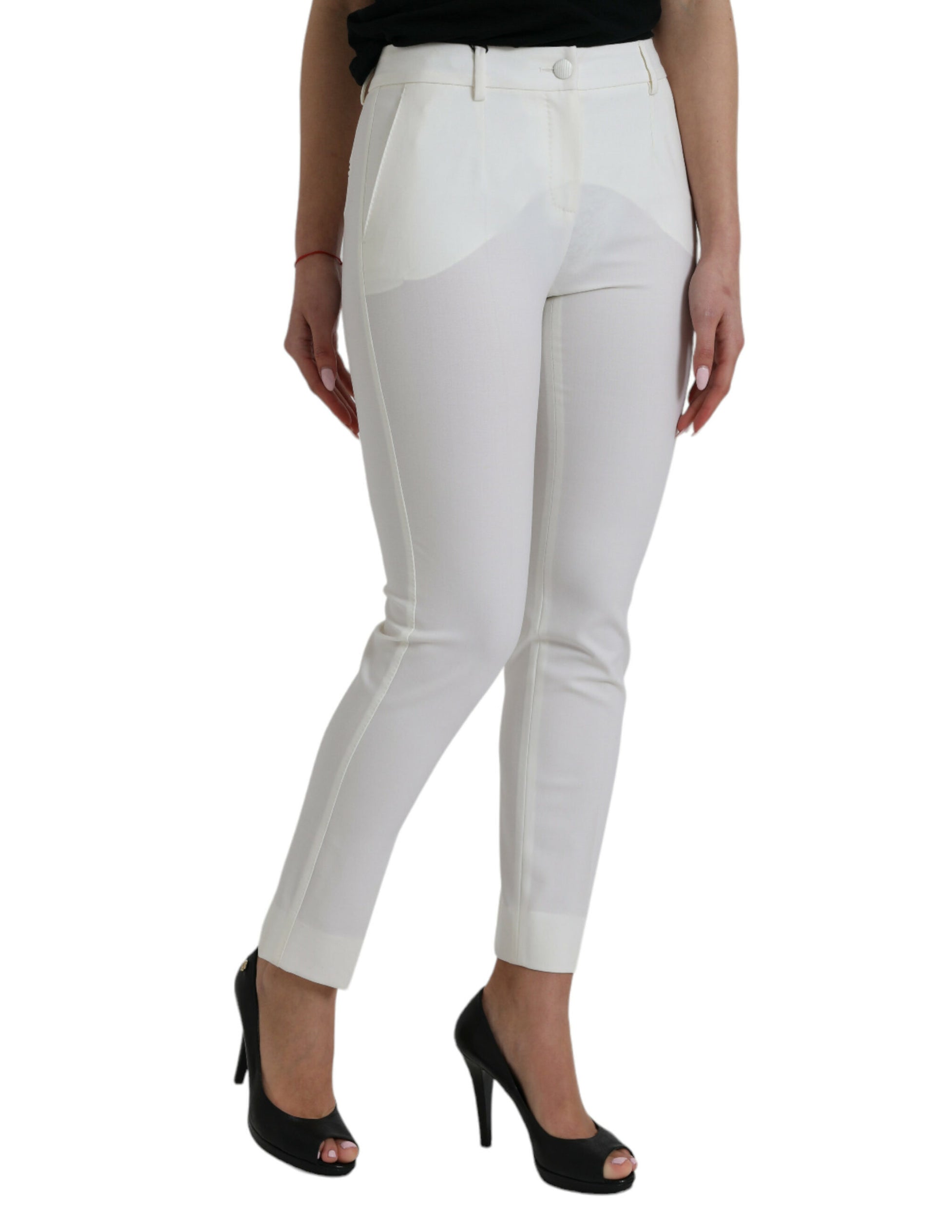 White Wool Mid Waist Tapered Pants