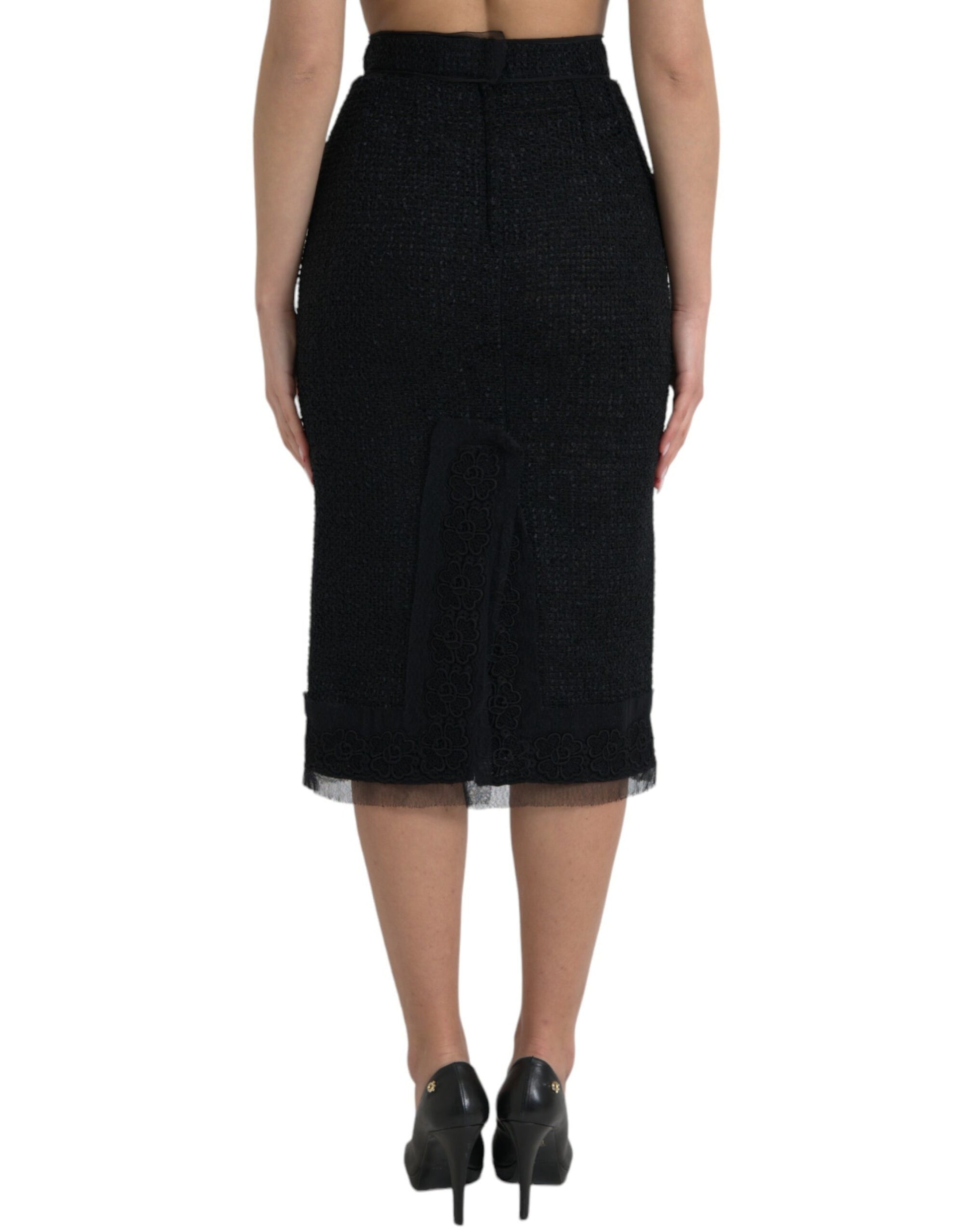 Black Wool High Waist Pencil Cut Midi Skirt