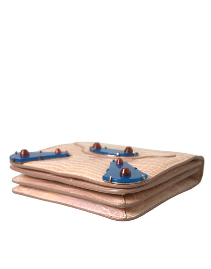 Beige Blue Agate Exotic Leather Gold Chain Purse Bag