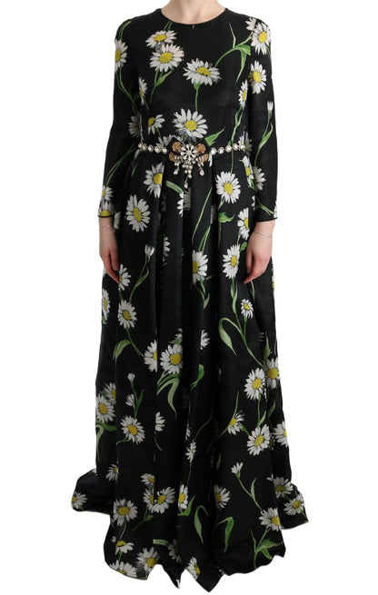 Multicolor Silk Sunflower Print Long Maxi Dress