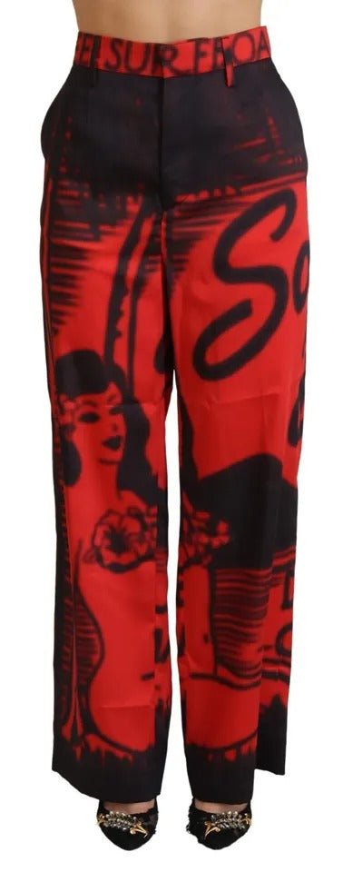 Red Printed High Waist Straight Pants