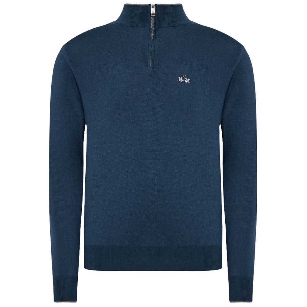 Blue Wool Men Sweater with Half Zip Closure