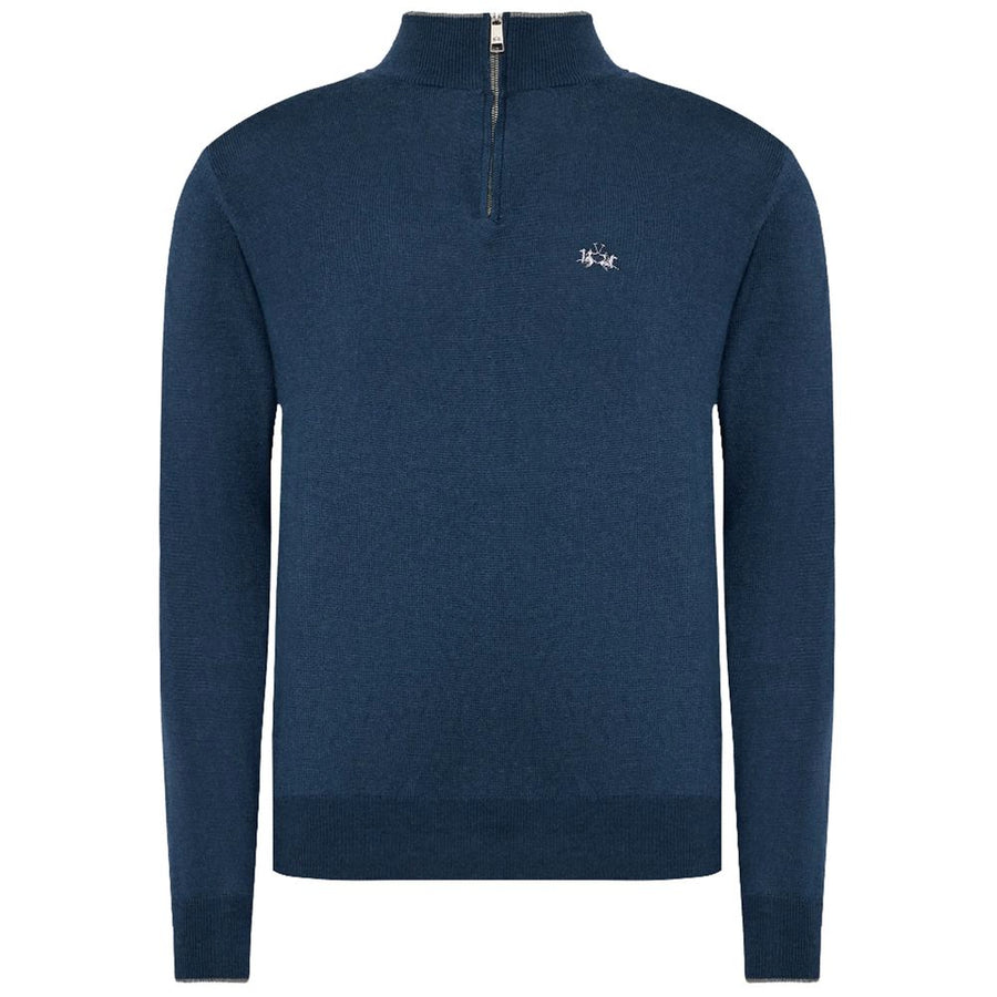 Blue Wool Men Sweater with Half Zip Closure