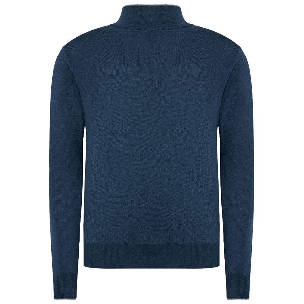 Blue Wool Men Sweater with Half Zip Closure