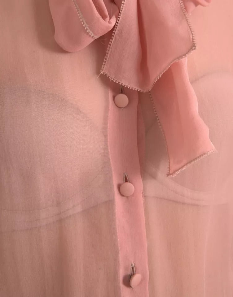 Pink Long Sleeves Ascot Collar Top Blouse