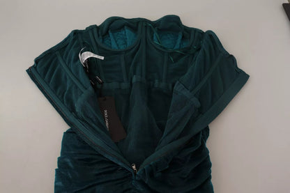 Turquoise Bustier Bodice Draped Midi Dress.