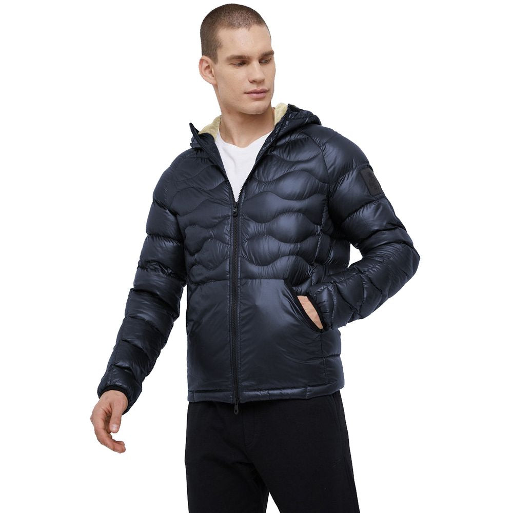 Blue Nylon Men Jacket with Slim Fit and Feather Padding
