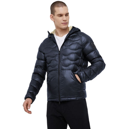 Blue Nylon Men Jacket with Slim Fit and Feather Padding