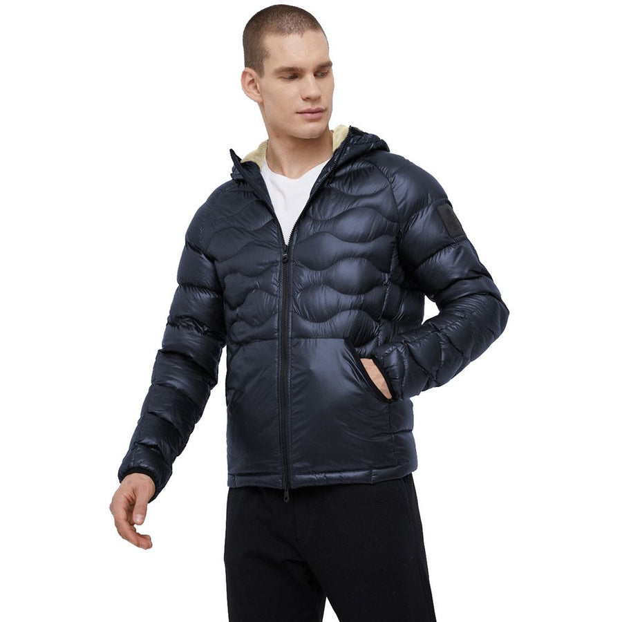 Blue Nylon Men Jacket with Slim Fit and Feather Padding
