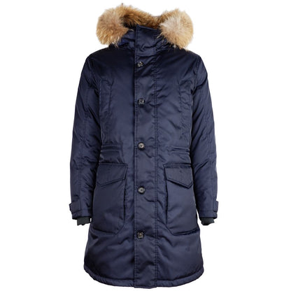 Blue Nylon Men Jacket with Fur-Trimmed Hood
