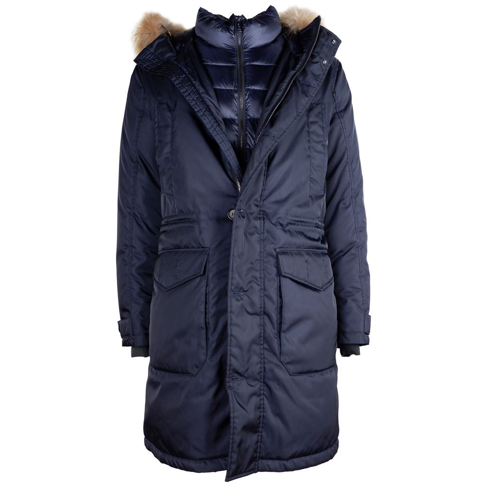 Blue Nylon Men Jacket with Fur-Trimmed Hood