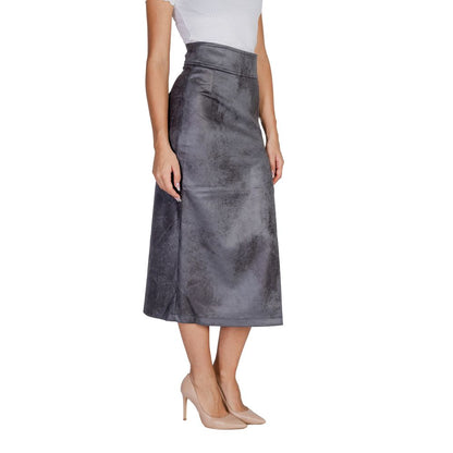 Gray Artificial Leather Long Skirt