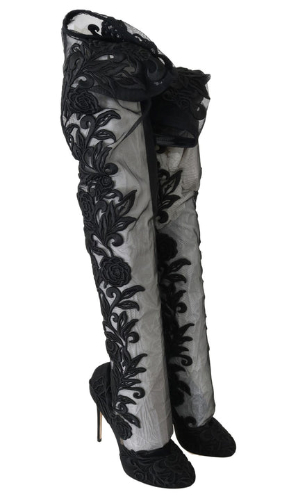 Black Floral Embroidered Socks Boots
