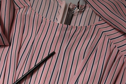 Pink Stripes Silk Long Sleeves Midi Dress