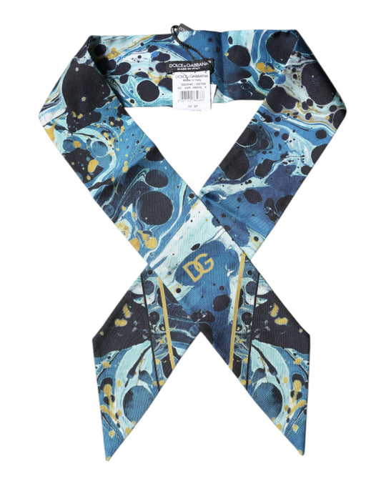 Blue Marble Print Silk Skinny Foulard Scarf