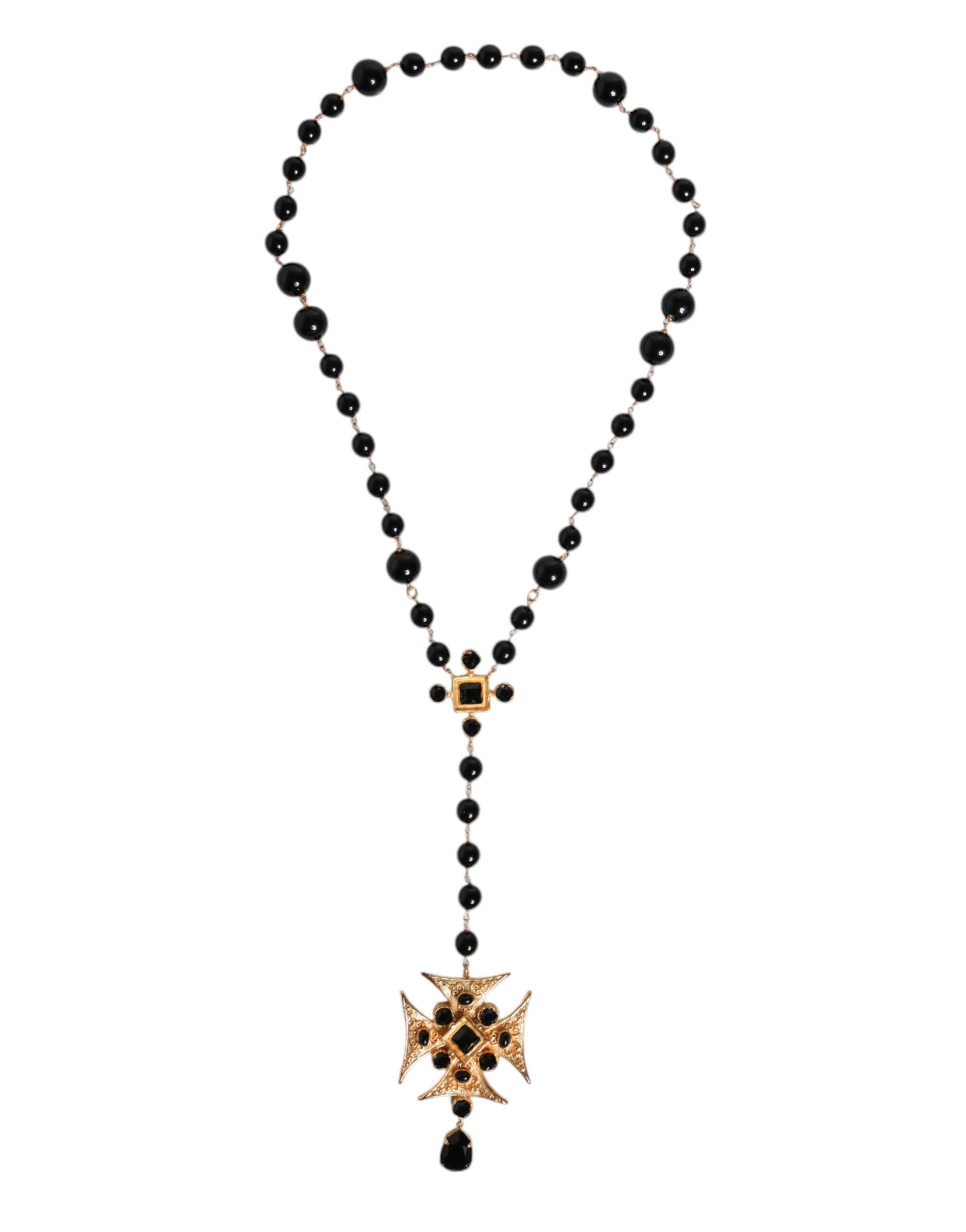 Gold Tone Brass Cross Black Beaded Chain Rosary Necklace