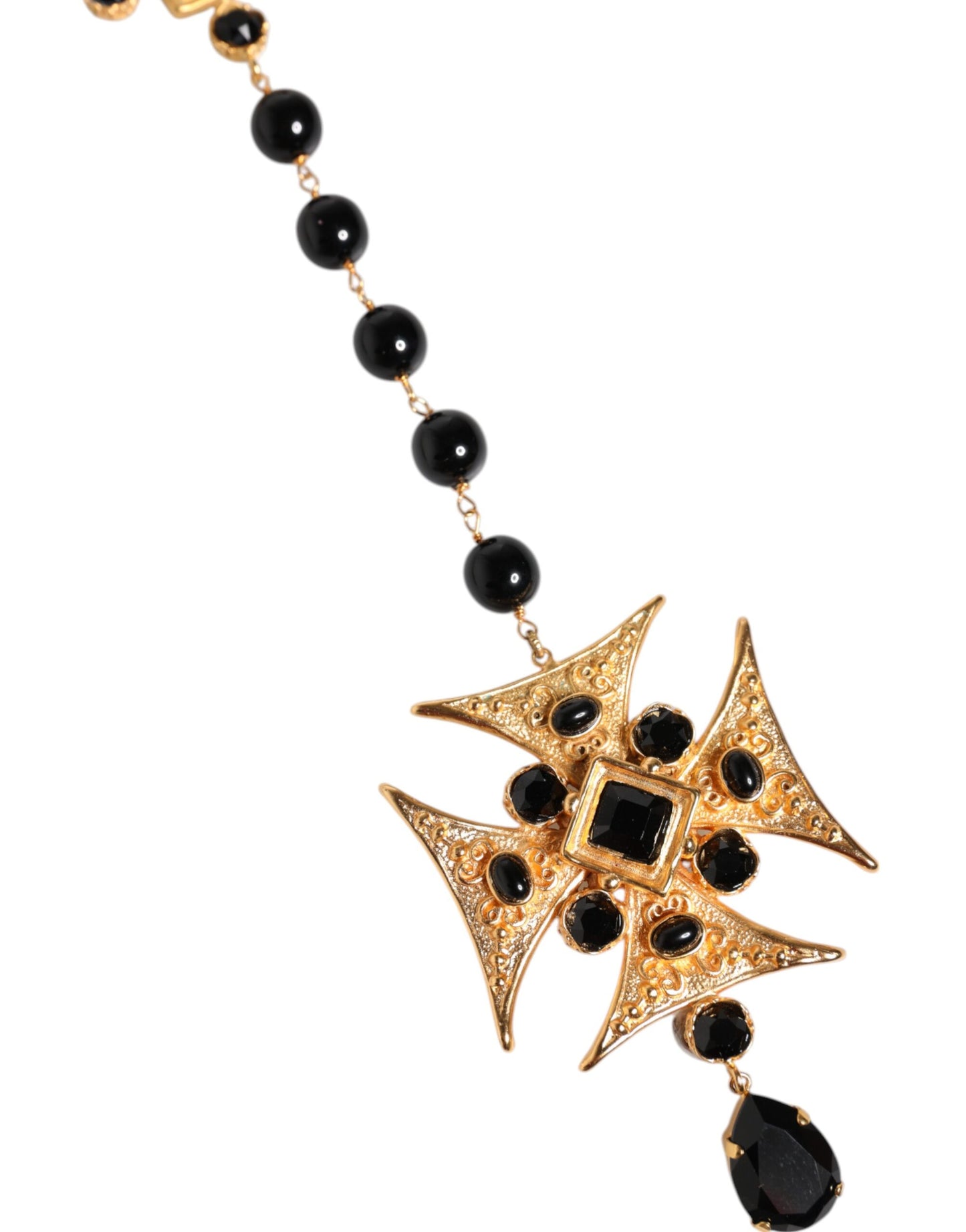 Gold Tone Brass Cross Black Beaded Chain Rosary Necklace