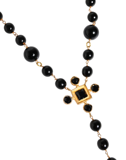 Gold Tone Brass Cross Black Beaded Chain Rosary Necklace