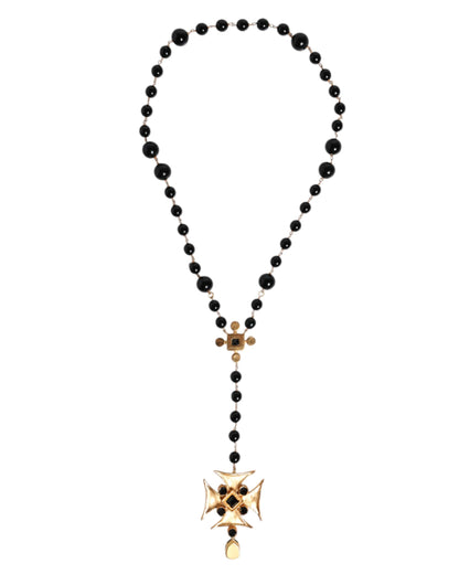 Gold Tone Brass Cross Black Beaded Chain Rosary Necklace