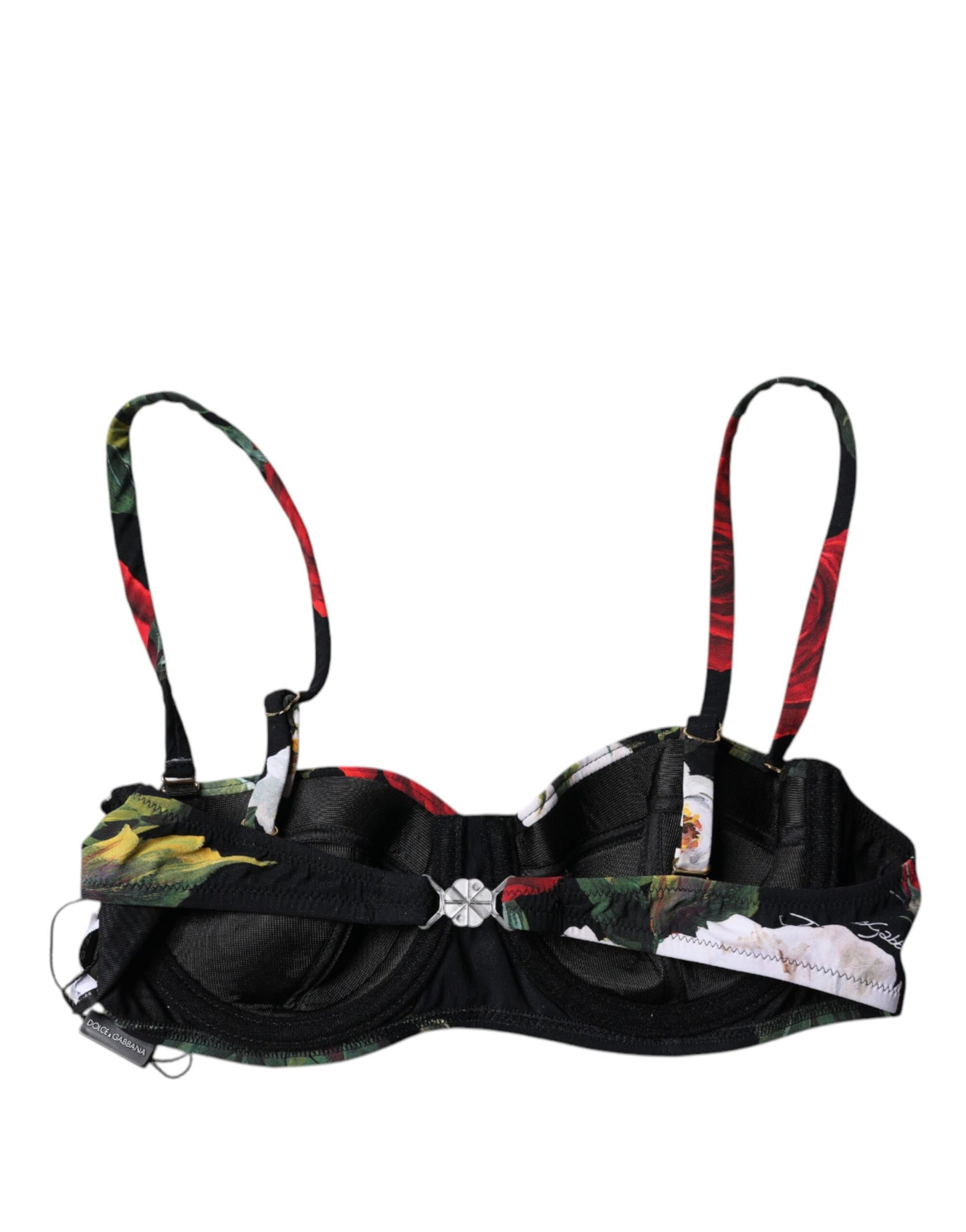 Black Floral Print Nylon Balconcino Bra Underwear