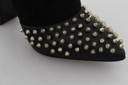 Black Suede Studded Heels Ankle Boots Shoes