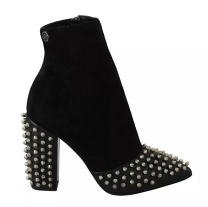 Black Suede Studded Heels Ankle Boots Shoes