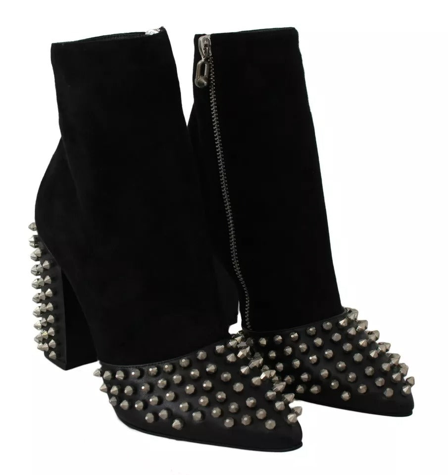 Black Suede Studded Heels Ankle Boots Shoes