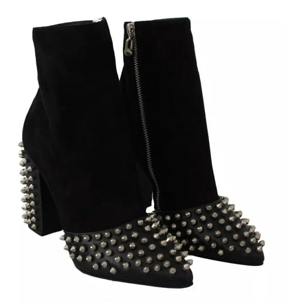 Black Suede Studded Heels Ankle Boots Shoes