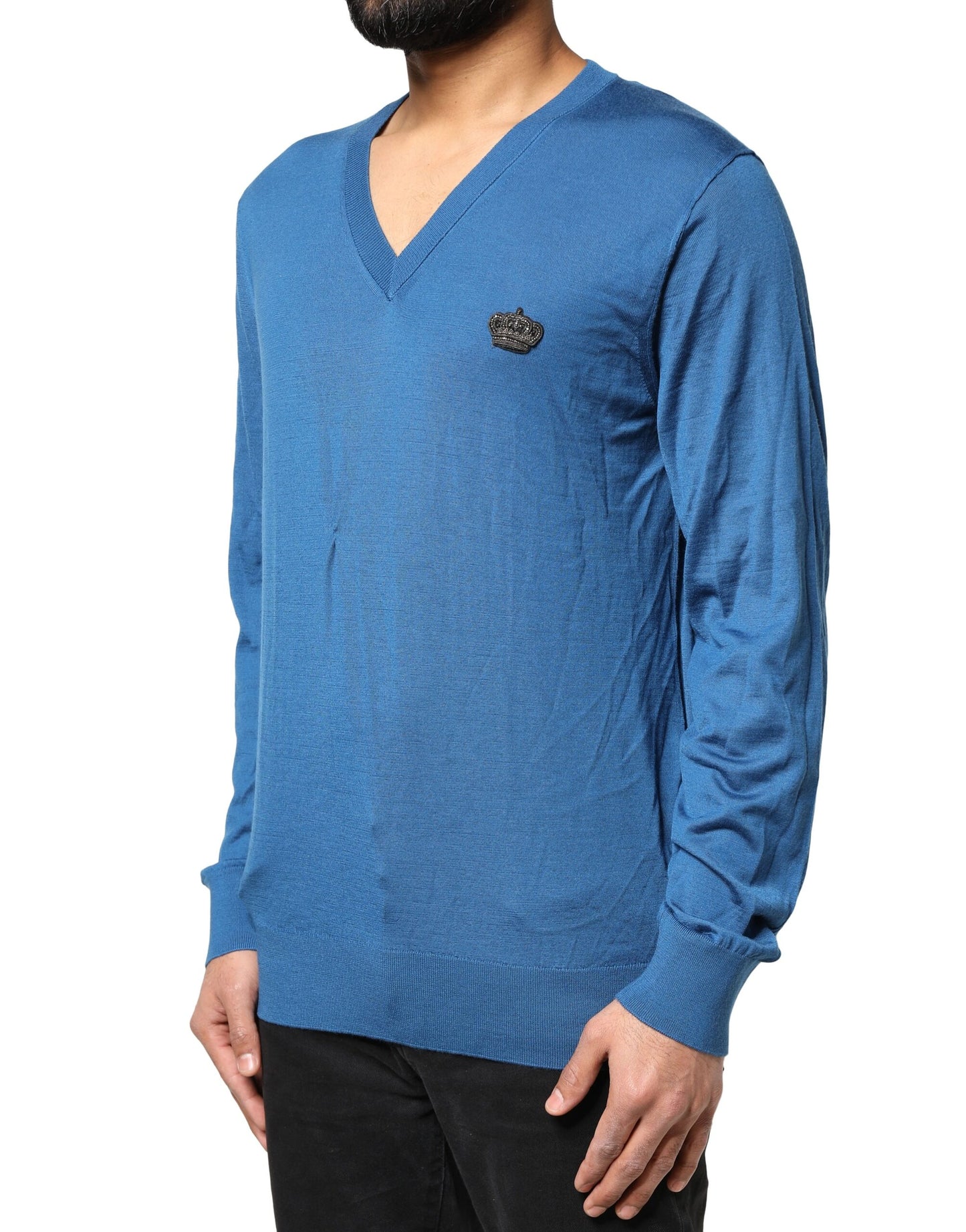 Blue Cashmere Crown V-neck Pullover Sweater