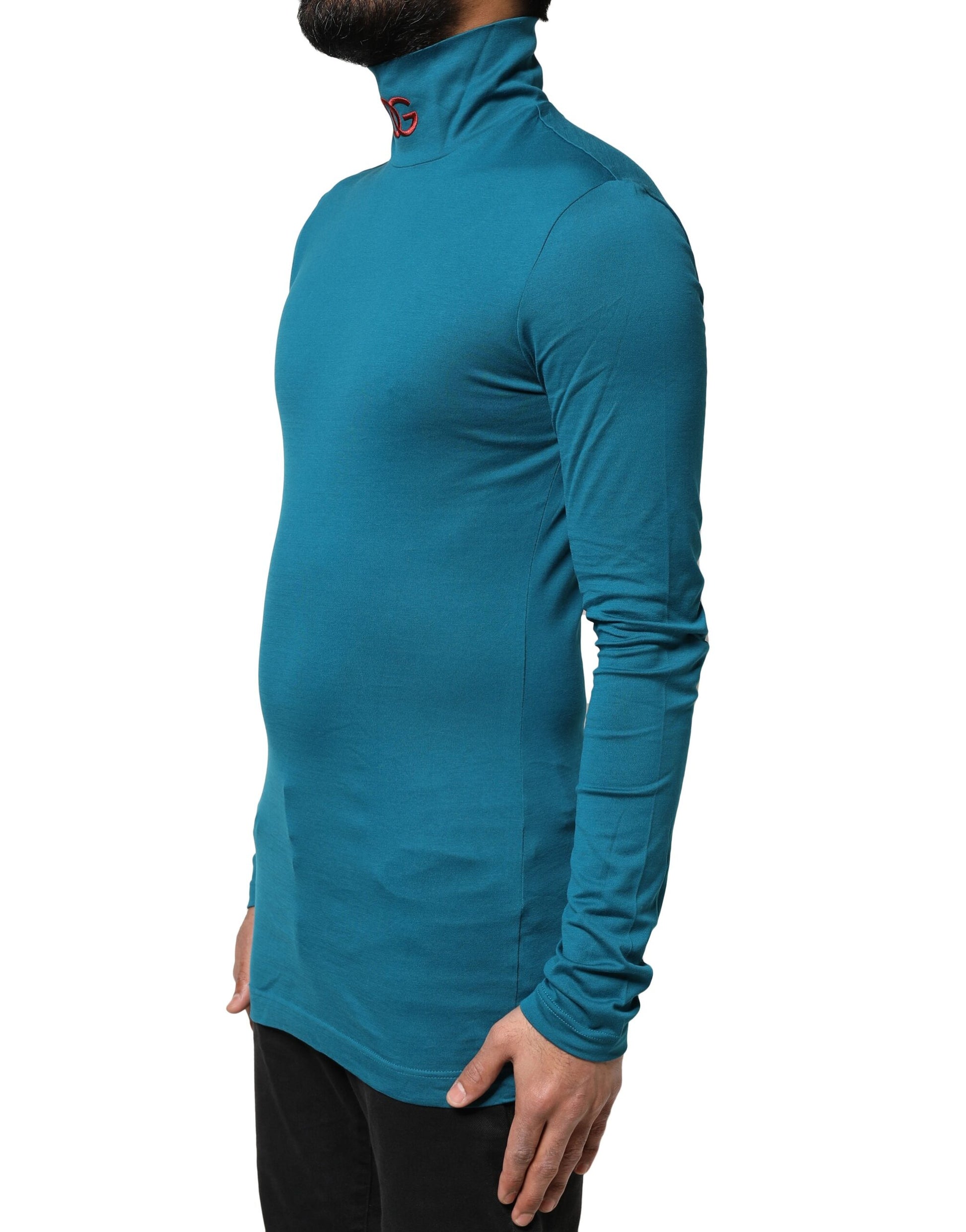 Blue Cotton Turtleneck Long Sleeves Sweater