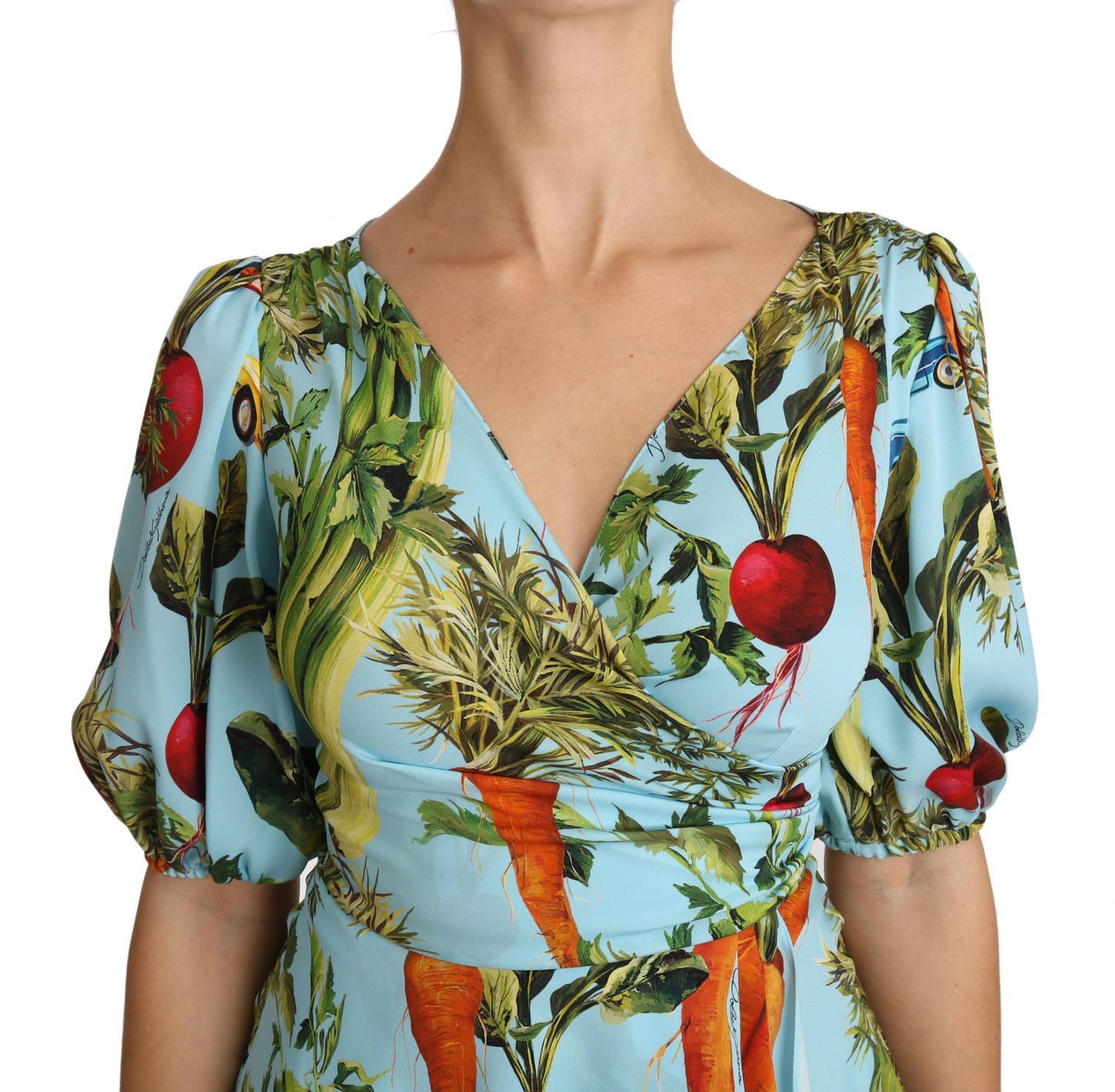 Multicolor Vegetable Print Silk Top Peplum Wrap Blouse
