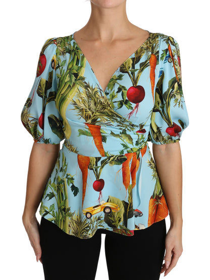 Multicolor Vegetable Print Silk Top Peplum Wrap Blouse