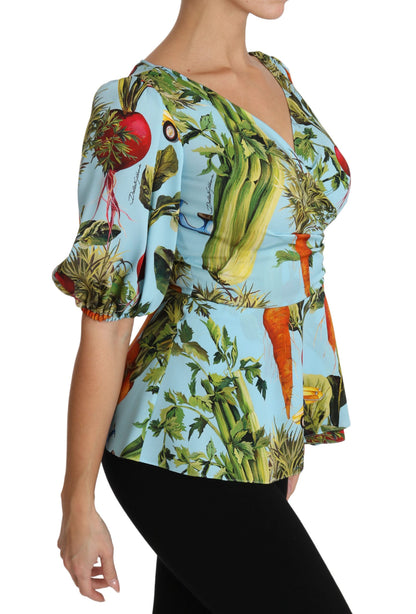 Multicolor Vegetable Print Silk Top Peplum Wrap Blouse