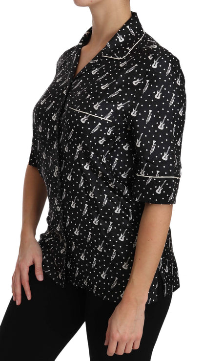 Black GuitarTrumpet Print Silk Shirt Top