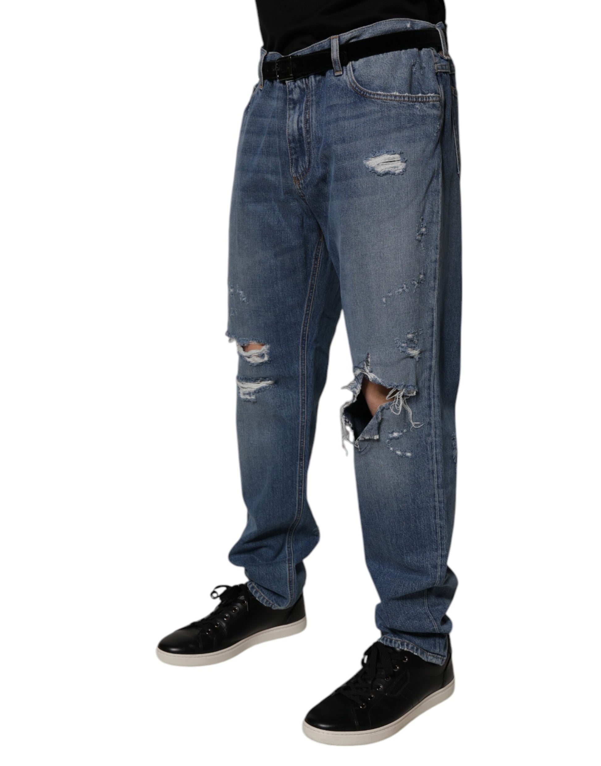 Blue Tattered Cotton Straight Denim Jeans