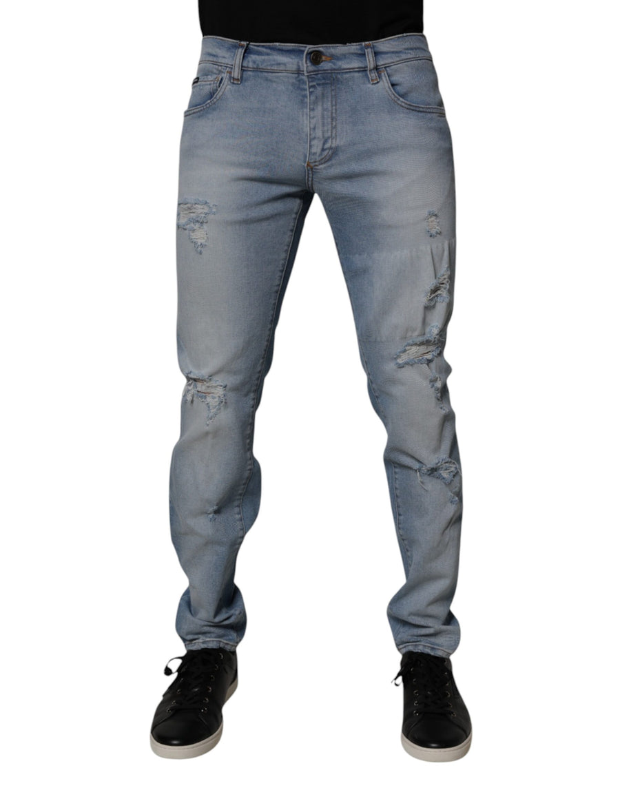 Blue Tattered Cotton Skinny Men Denim Jeans
