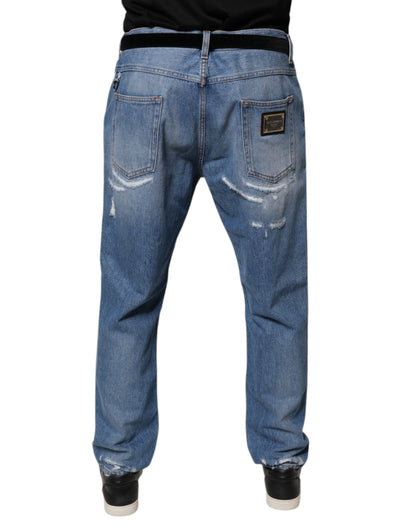 Blue Tattered Straight Cotton Denim Jeans
