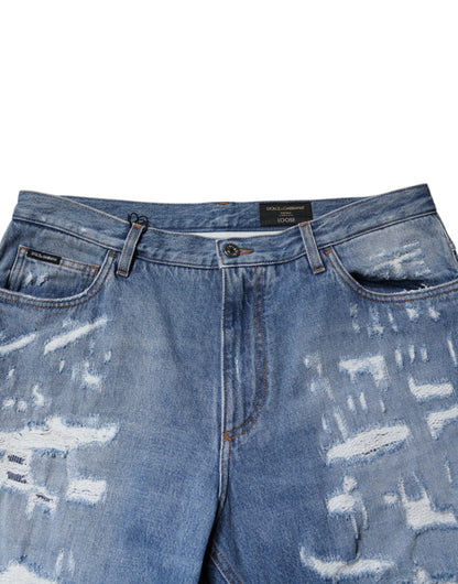 Blue Tattered Straight Cotton Denim Jeans