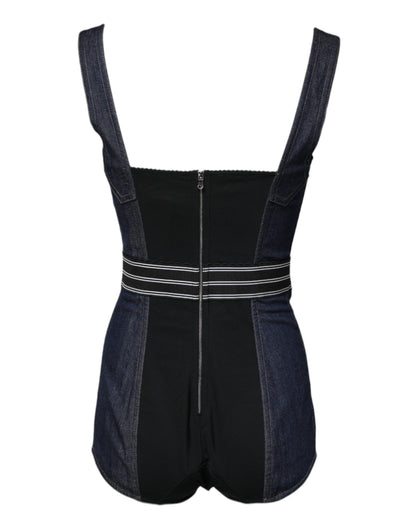 Blue Cotton Stretch Sleeveless Bodycon Denim Bodysuit