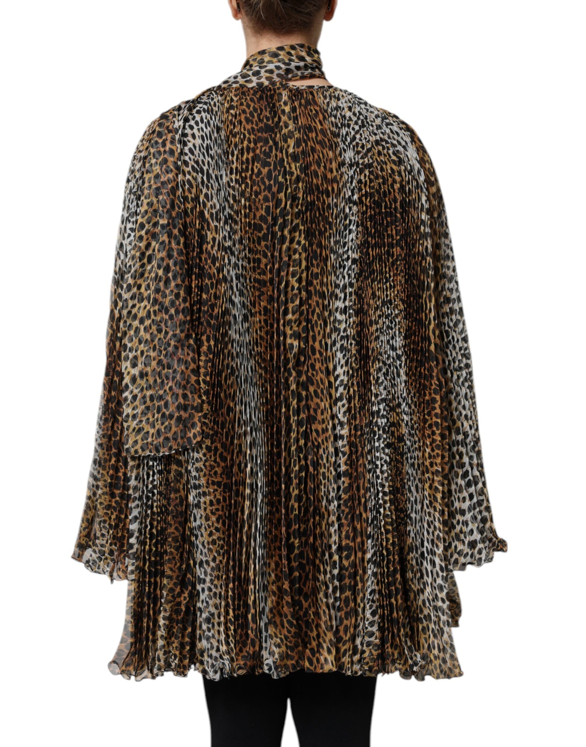 Brown Leopard Print Scarf Collared Chiffon Dress