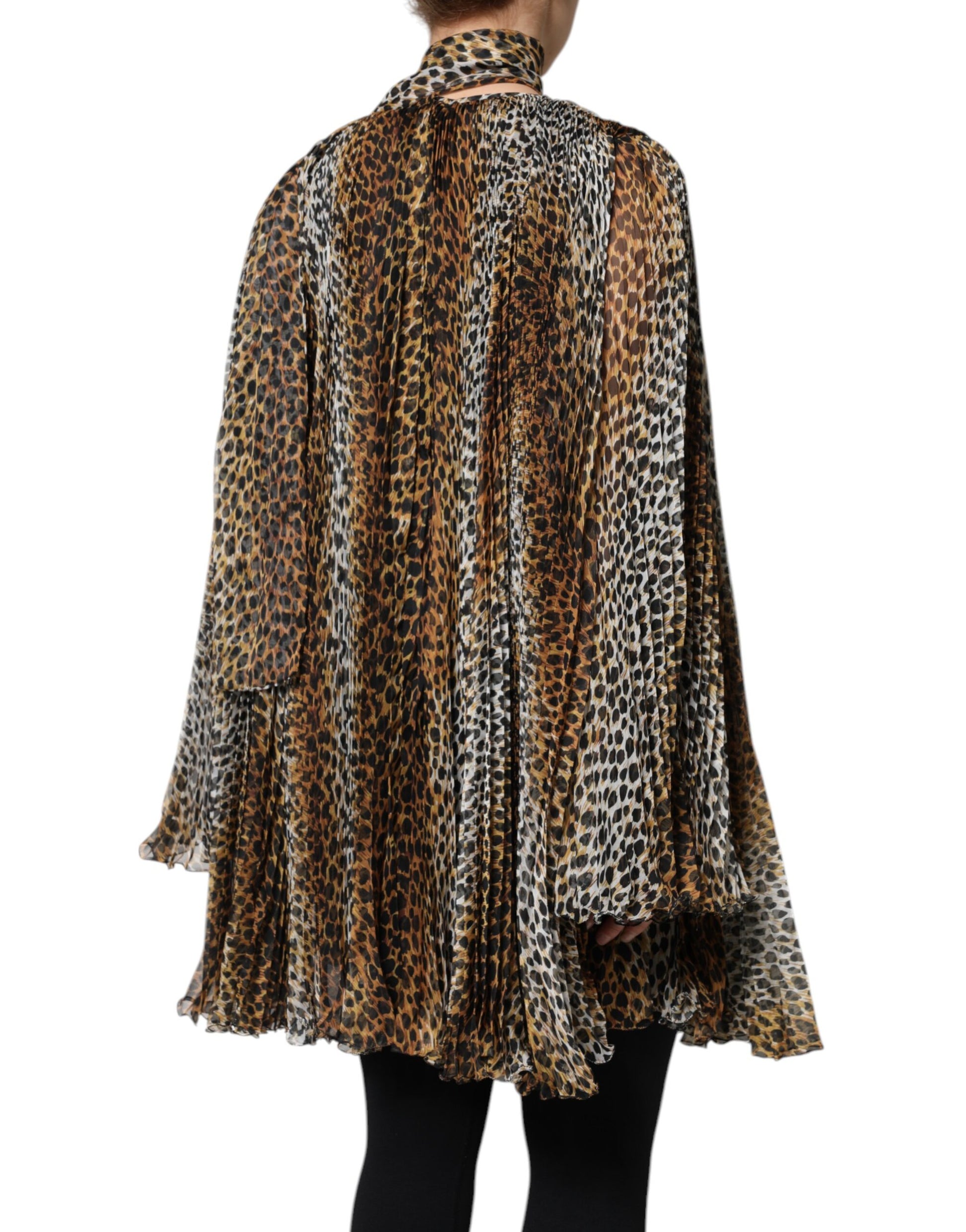 Brown Leopard Print Scarf Collared Chiffon Dress