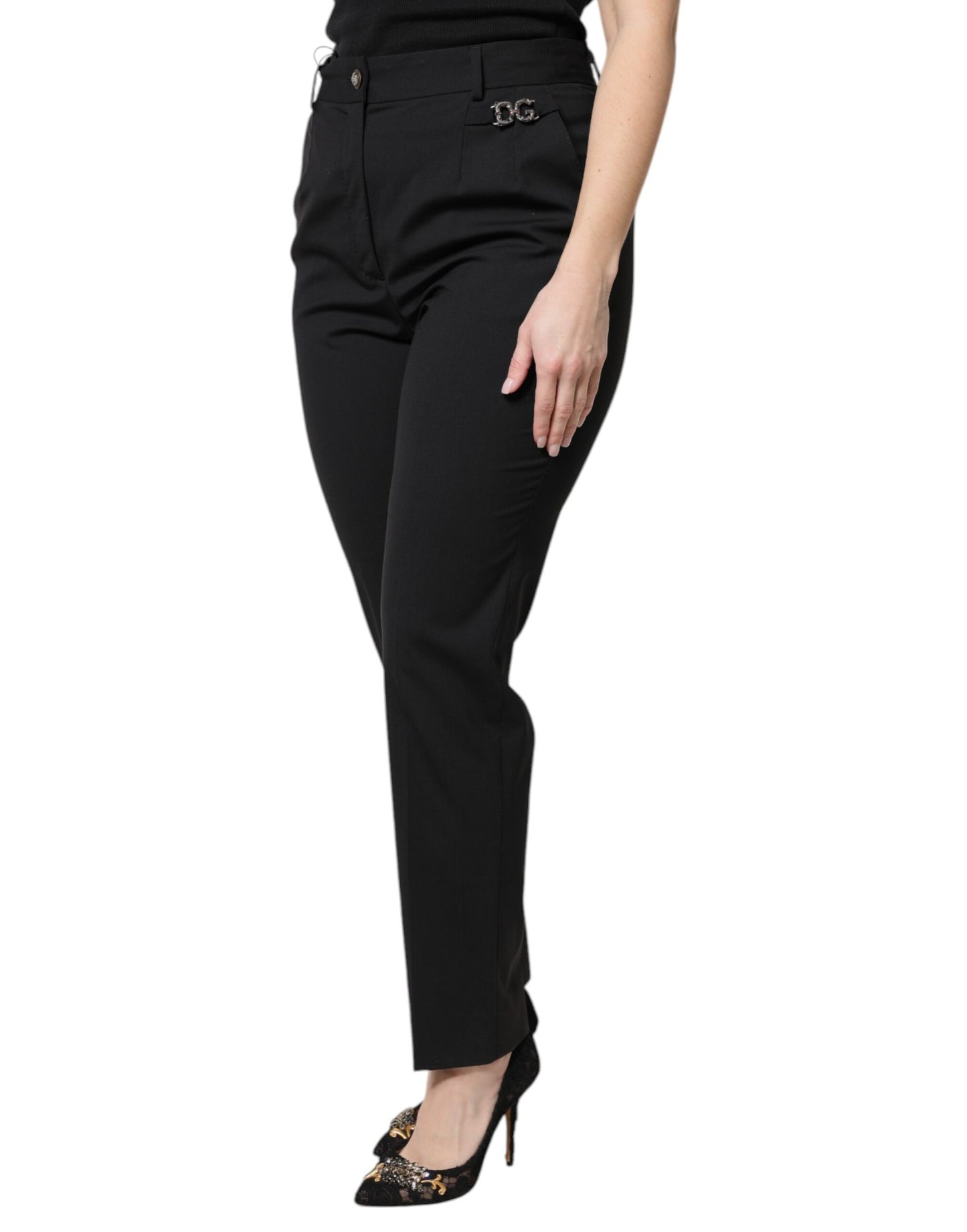 Black Polyester High Waist Dress Pants