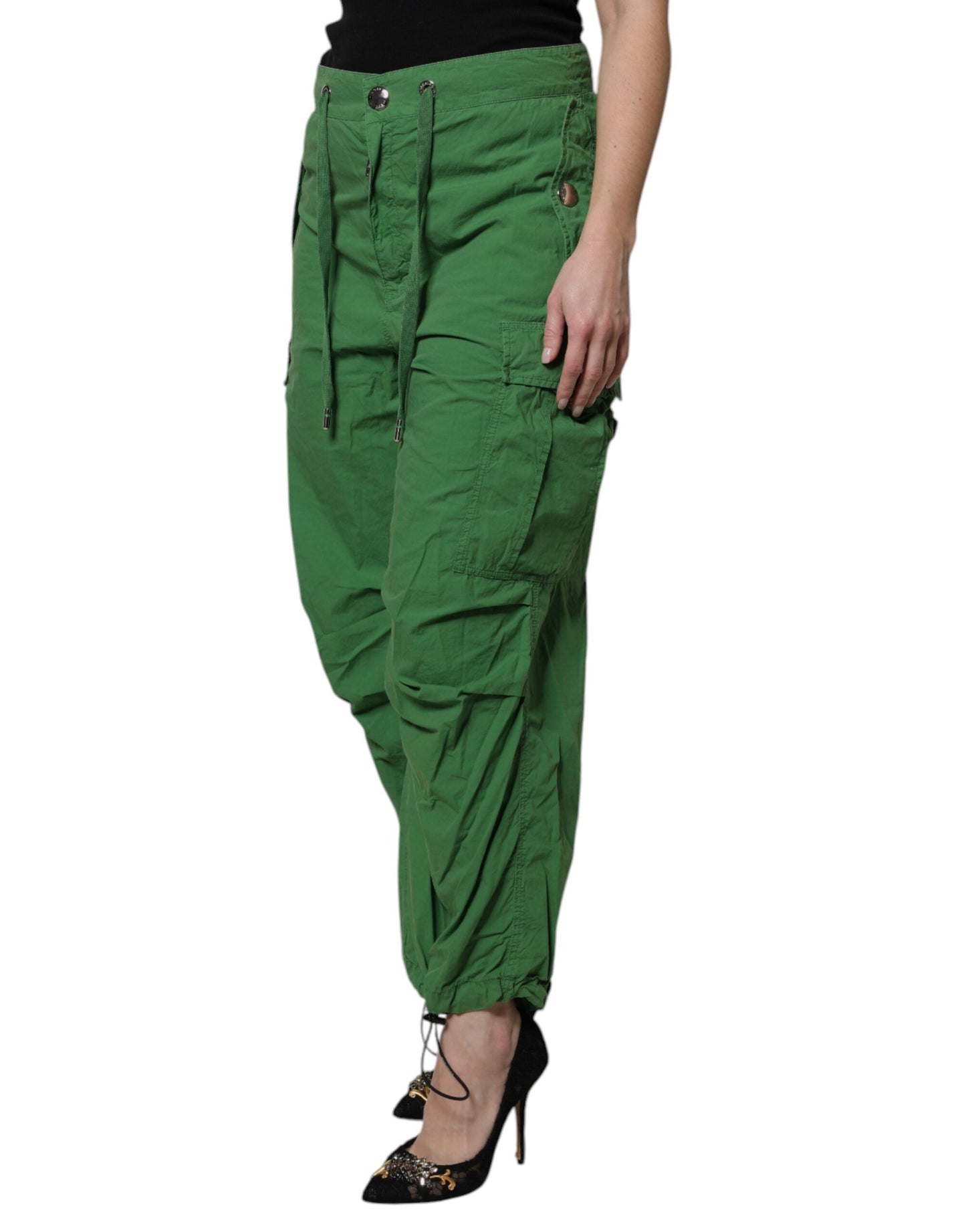 Green Cotton High Waist Cargo Pants