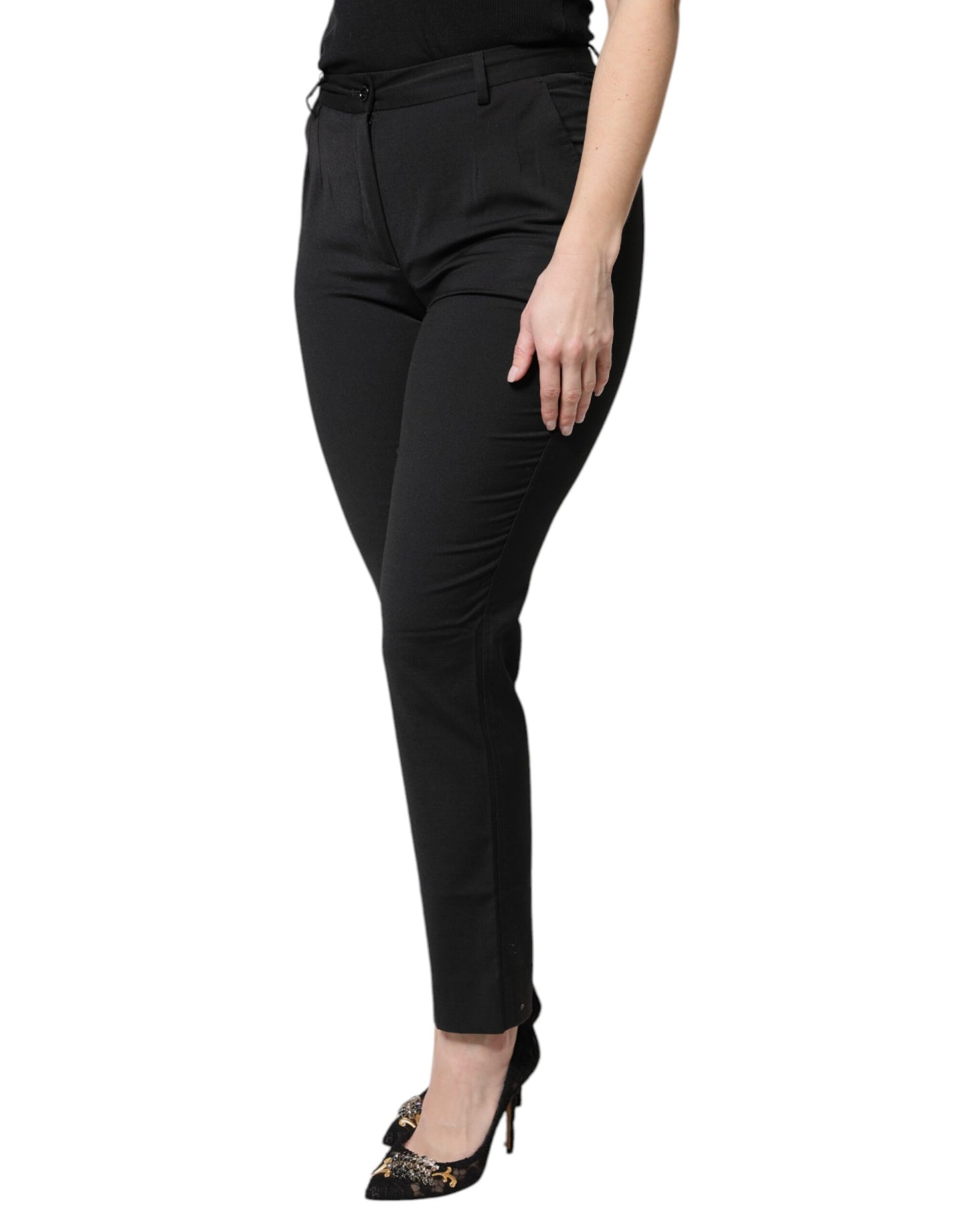 Black Polyester High Waist Slim Pants