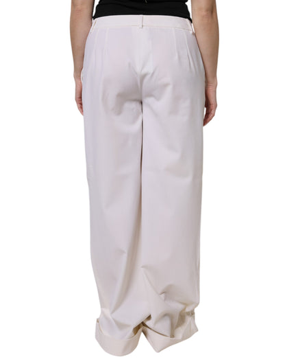White Wool Mid Waist Wide Leg Pants