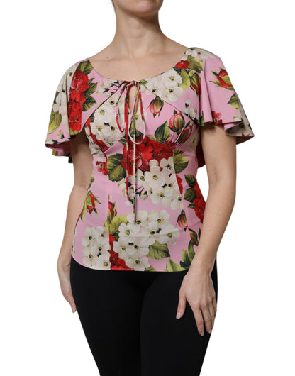 Pink Floral Silk Short Sleeves Blouse Top